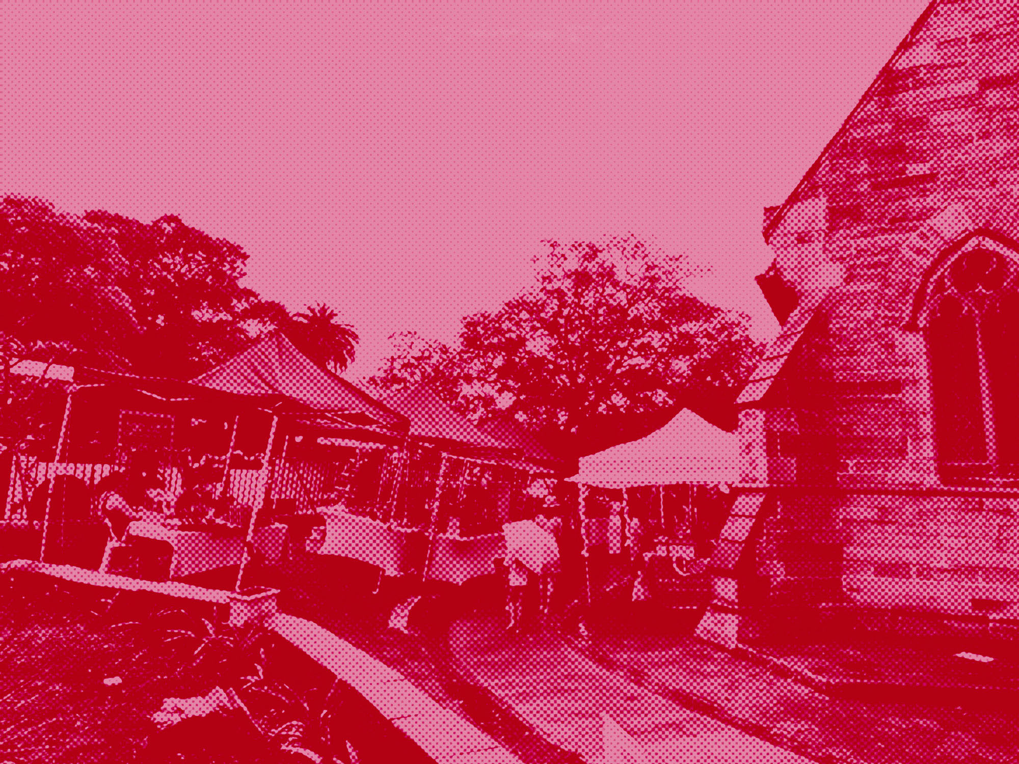 Red-pink duo-tone photo of Balmain Village Markets